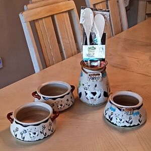 Folk Art Sandstone Venezuelan Handcrafted & Painted Pottery. Signed.Cow & Floral